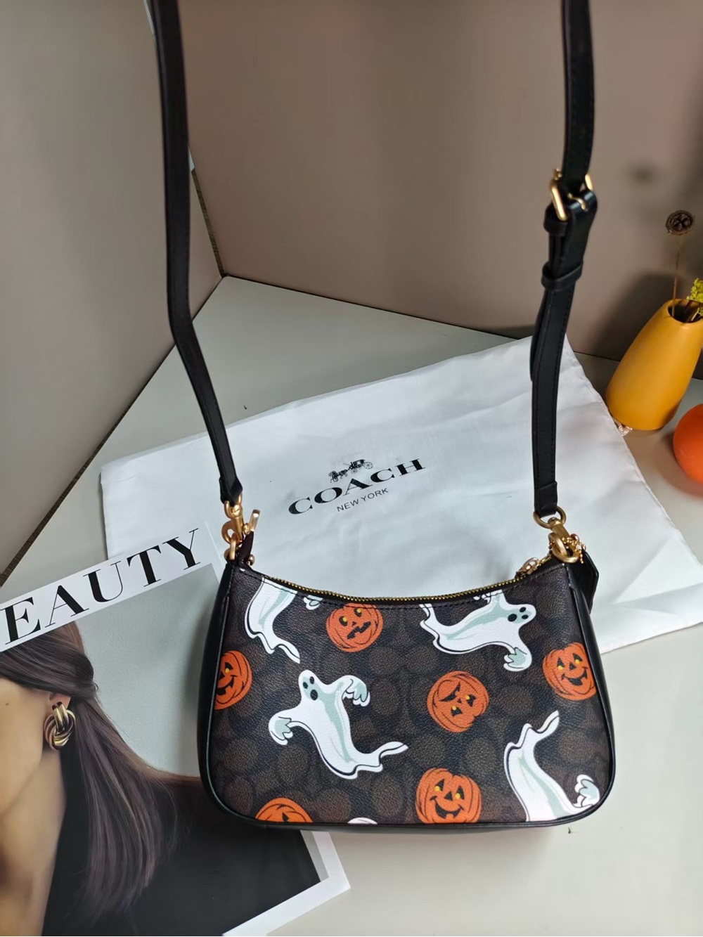 Coach Brown Halloween Ghost & Pumpkin Shoulder Bag